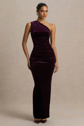 Treat | Burgundy Velvet Asymmetric-Neck Maxi Dress With Ruched Detailing.