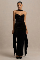 Paloma | Black Velvet Bandeau-Neck Maxi Dress With Scarf