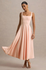 Parina | Pink Strappy Volume-Hem Midi Dress