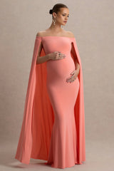 Radiance | Coral Bardot Maternity Maxi Dress With Cape