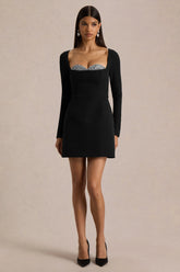 Martha | Black Embellished Sweetheart-Neck Mini Dress