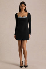 Martha | Black Embellished Sweetheart-Neck Mini Dress