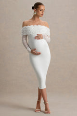 Adita | White Mesh Floral Bardot Maternity Midi Dress