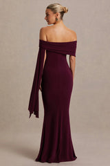 Aquila | Burgundy Bardot Maternity Maxi Dress With Drape Sleeve