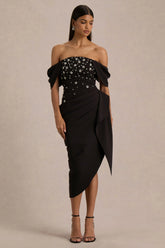 Sylvia | Black Hand-Embellished Bardot-Neck Midi Dress With Draped Satin-Wrap Skirt