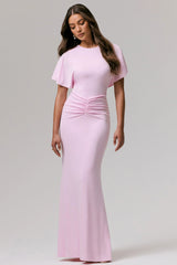 Grandeur | Pale Pink High-Neck Ruched Maxi Dress