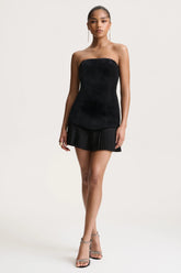 Valentina | Black Velvet Bandeau Mini Dress With Pleated Detailing