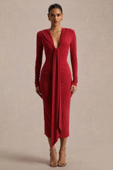 Ivara | Red Plunge-Neck Maxi Dress With Ruched Detailing And Sash