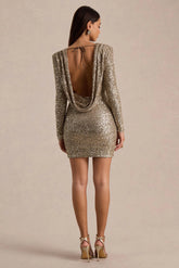 Mercedes | Champagne Sequin Boat-Neck Mini Dress With Long-Sleeves And Draped Detailing