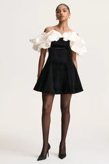 Brynne | Black & Cream Velvet Mini Dress With Satin Puff Sleeves