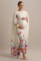 Providence | Light Pink Floral Print Boat-Neck Maternity Midi Dress With Cape Sleeves
