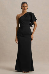 Unforgettable | Black Asymmetric-Neck Maxi Dress With Ruched Detailing
