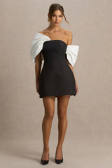 Tindra | Black And White Satin Bandeau-Neck Mini Dress With Bow Sleeves