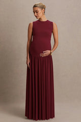 Outline | Burgundy High-Neck Maternity Maxi Dress With Draped Skirt