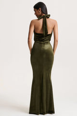 Lavernia | Olive Velvet Halter-Neck Maxi Dress With Gathered-Detailing
