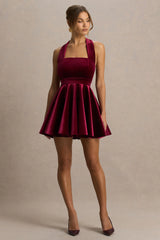 Mirage | Burgundy Velvet Halter-Neck Mini Dress With Skater-Skirt