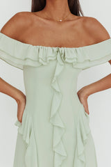 Scarlet Off-Shoulder Ruffle Trim Maxi Dress Sage