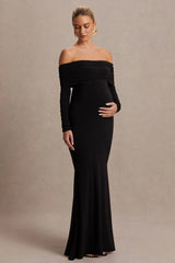 Pretty Perfect | Black Maternity Bardot-Neck Maxi Dress