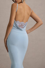 Addison | Powder Blue Cowl-Neck Open-Back Midi Dress With Lace