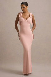 Evanna | Pink V-Neck Maxi Dress With Bow Straps