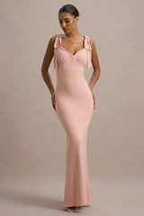 Evanna | Pink V-Neck Maxi Dress With Bow Straps