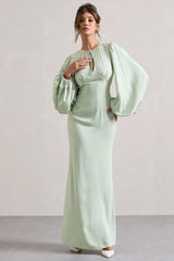 Wild Rose | Light Green Puff-Sleeve Cut-Out Maxi Dress