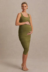 Lisbon | Olive Maternity Square Neck Ruched Midi Dress