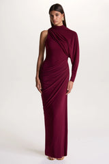 Aphra | Burgundy High-Neck Maxi Dress With Cape-Sleeve