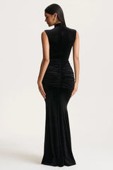 Idalina | Black Velvet High-Neck Maxi Dress With Gathered-Detailing