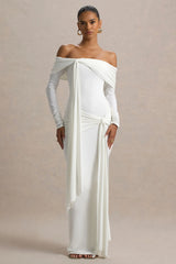 Jovie | White Bardot Wrap Maxi Dress With Sash Detail