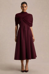 Thalia | Burgundy High-Neck Midi Dress With Sheer Mesh Cape