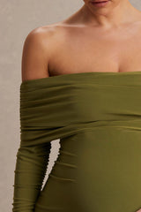 Elspeth | Olive Bardot-Neck Maternity Midi Dress