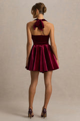 Mirage | Burgundy Velvet Halter-Neck Mini Dress With Skater-Skirt