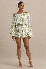 Waterfall | White Botanical Print Linen Asymmetric Long-Sleeve Playsuit