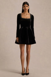 Beloved | Black Velvet Embellished Square-Neck Mini Dress