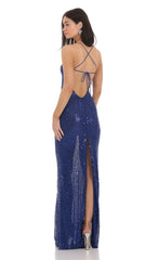 Sequin Mesh Maxi Dress in Blue
