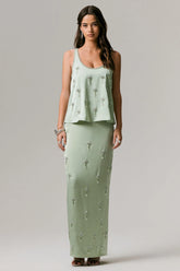 Lena | Mint Satin Embellished Maxi Skirt