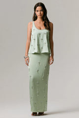 Lena | Mint Satin Embellished Maxi Skirt