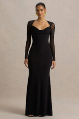 Bethan | Black Cowl-Neck Maxi Dress With Mesh Sleeves And Open-Back