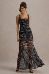 Galaxia | Black & White Polka Dot Maxi Dress With Mesh Skirt