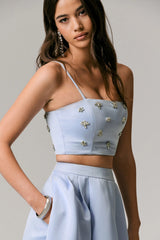 Vienna | Blue Embellished Satin Crop Top