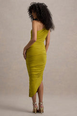 Dorit | Green One Shoulder Asymmetric Ruched Midi Dress