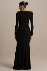 Liora | Black Crew-Neck Maxi Dress With Front-High Split