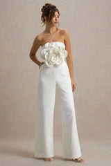 Opia | White Bandeau Wide-Leg Jumpsuit With Large Floral Corsage