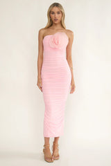 She Just Knows Ruched Flower Bust Maxi Dress Pink