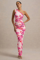 Dalarie | Pink and Orange Floral Print One-Shoulder Gathered Maxi Dress