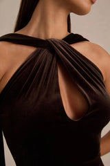 Layli | Brown Velvet Halter-Neck Maxi Dress With Cape