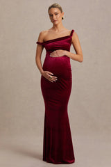 Tallulah | Burgundy Velvet Asymmetric-Neck Maternity Maxi Dress With Twist-Sleeve