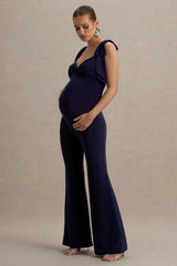 Impeccable | Navy Sweetheart Bow Strap Maternity Jumpsuit