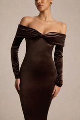 Compliment | Brown Velvet Bardot Midi Dress
